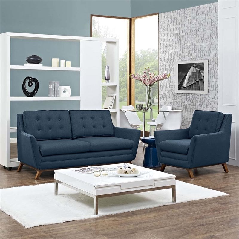 Modway Beguile Upholstered Fabric and Wood Living Room Set in Azure (Set of 2)