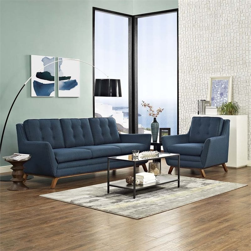Modway Beguile Upholstered Fabric and Wood Living Room Set in Azure (Set of 2)