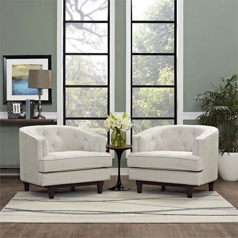 modway coast polyester fabric and rubberwood armchairs in beige (set of 2)