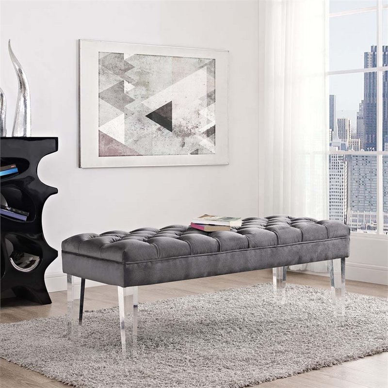 Modway Valet Modern Style Performance Velvet and Acrylic Bench in Gray