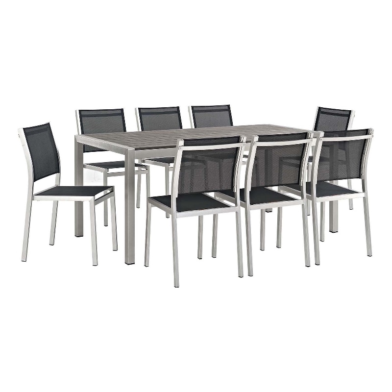 Modway Shore 9-Piece Outdoor Patio Wood and Aluminum Dining Set in Silver/Black