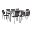 Modway Shore 9-Piece Outdoor Patio Wood and Aluminum Dining Set in Silver/Black