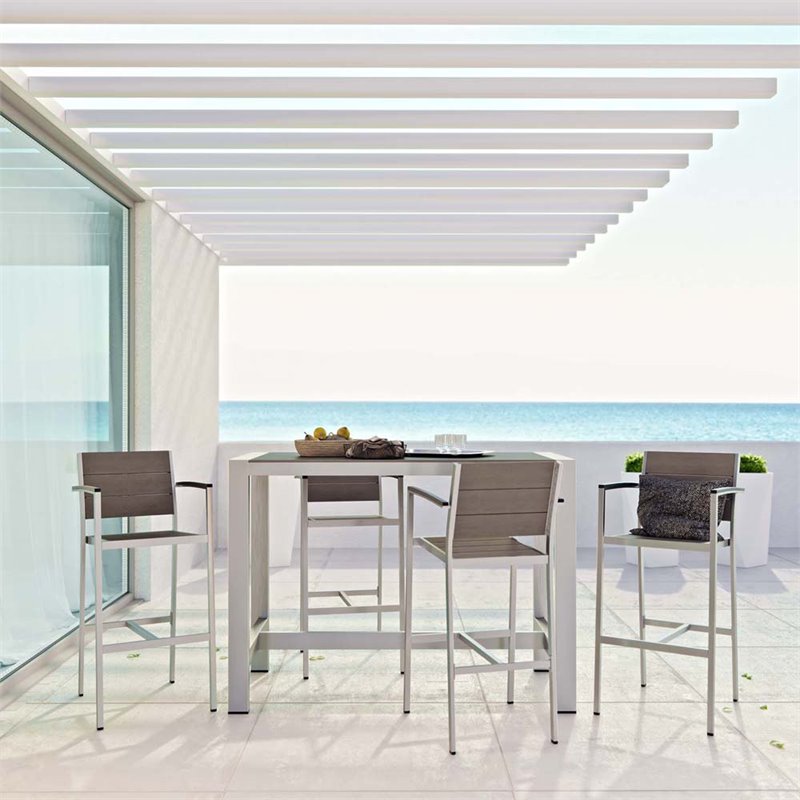 Modway Shore 5-Piece Outdoor Patio Wood and Aluminum Dining Set in Silver/Gray