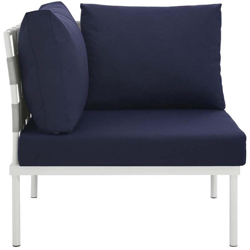Modway Harmony Outdoor Patio Aluminum Fabric Corner Sofa Chair in White/Navy