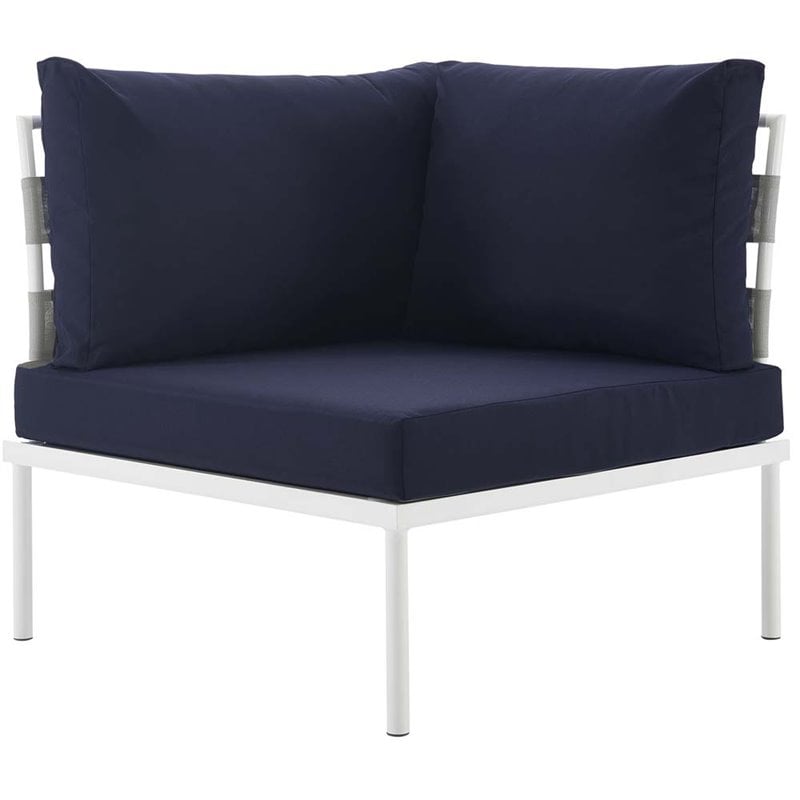 Modway Harmony Outdoor Patio Aluminum Fabric Corner Sofa Chair in White/Navy