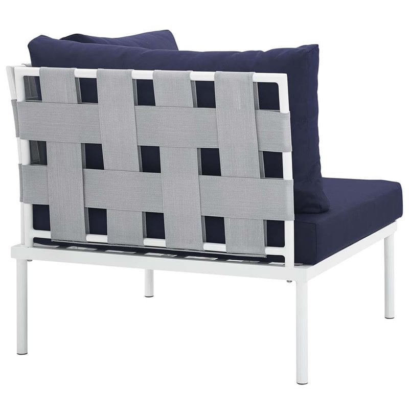 Modway Harmony Outdoor Patio Aluminum Fabric Corner Sofa Chair in White/Navy