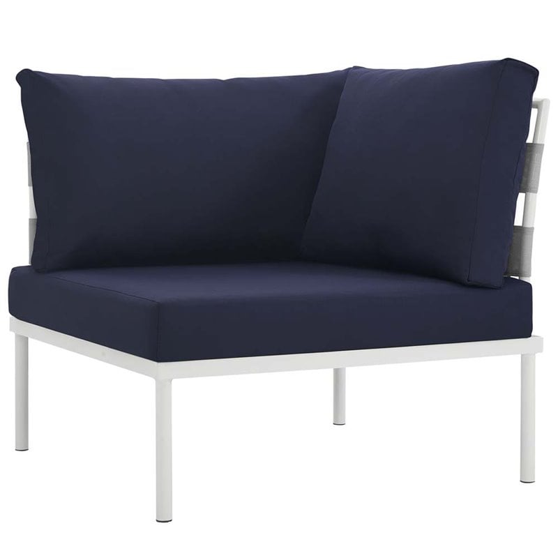 Modway Harmony Outdoor Patio Aluminum Fabric Corner Sofa Chair in White/Navy
