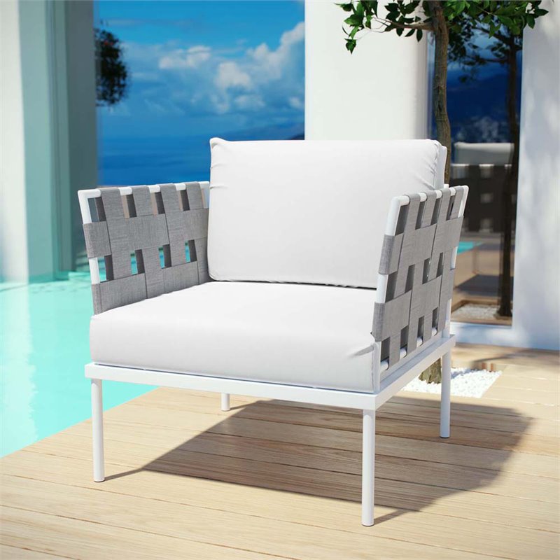Modway Harmony Outdoor Patio Aluminum Fabric Armchair in White/White