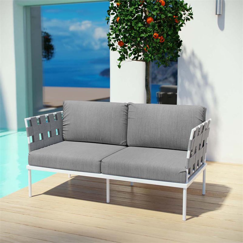 Modway Harmony Outdoor Patio Aluminum Fabric Loveseat in White/Gray