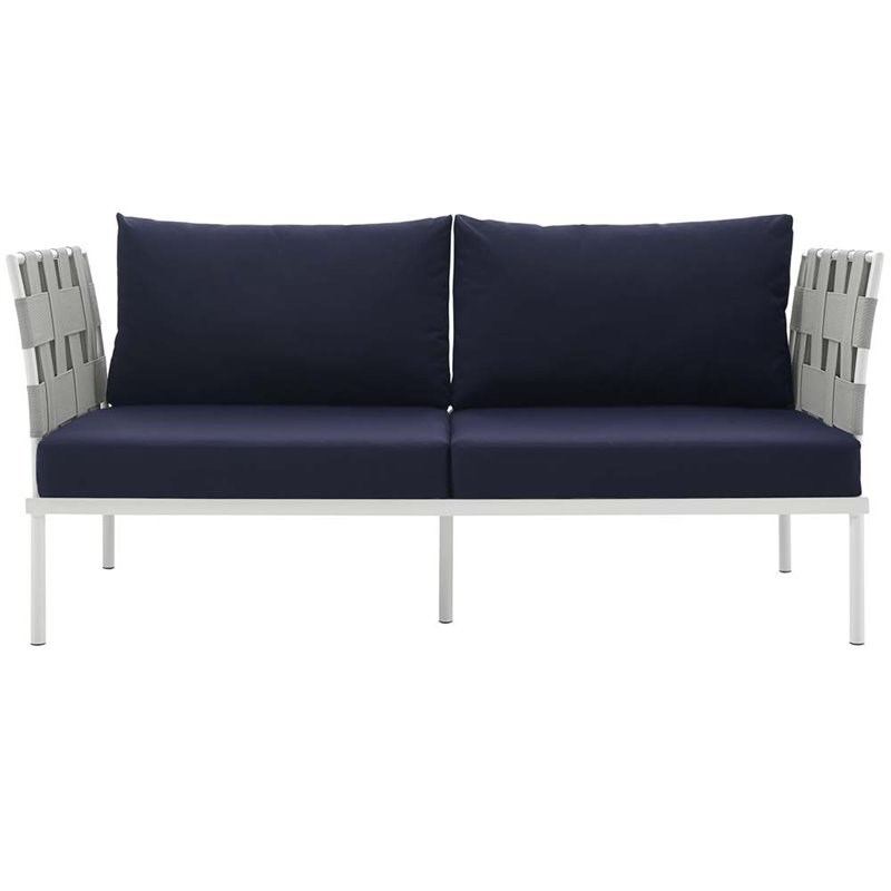 Modway Harmony Outdoor Patio Aluminum Fabric Loveseat in White/Navy