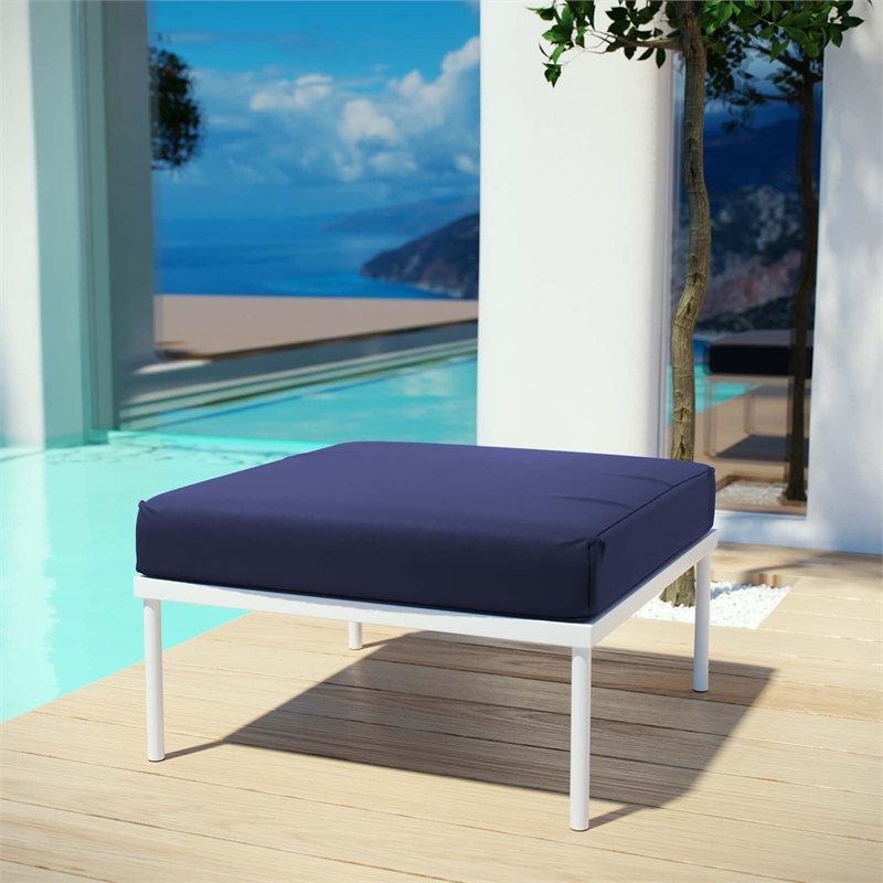 Modway Harmony Outdoor Patio Aluminum Fabric Ottoman in White/Navy