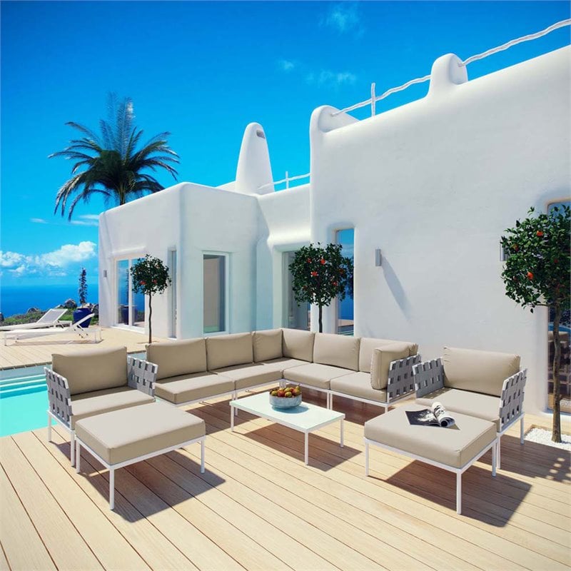 Modway Harmony 10-Piece Outdoor Patio Aluminum Sectional Sofa Set in White/Beige