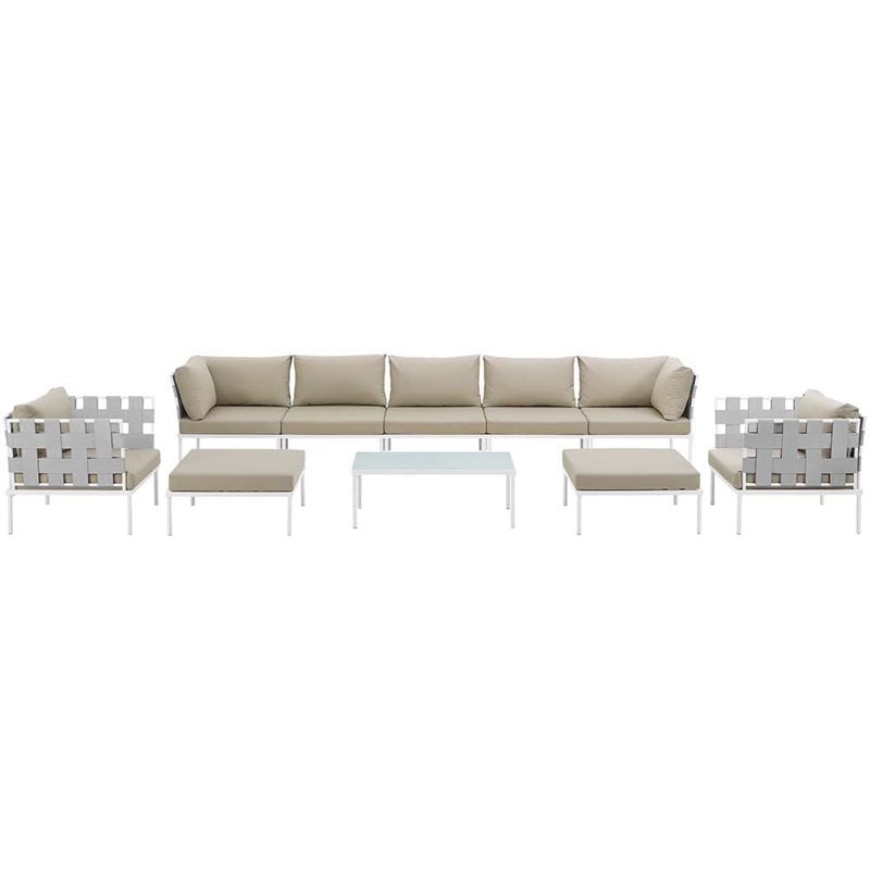 Modway Harmony 10-Piece Outdoor Patio Aluminum Sectional Sofa Set in White/Beige