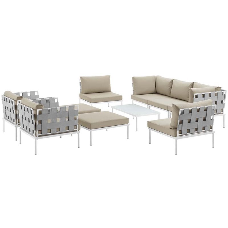 Modway Harmony 10-Piece Outdoor Patio Aluminum Sectional Sofa Set in White/Beige