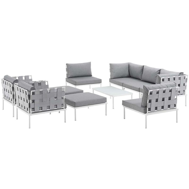 Modway Harmony 10-Piece Outdoor Patio Aluminum Sectional Sofa Set in White/Gray