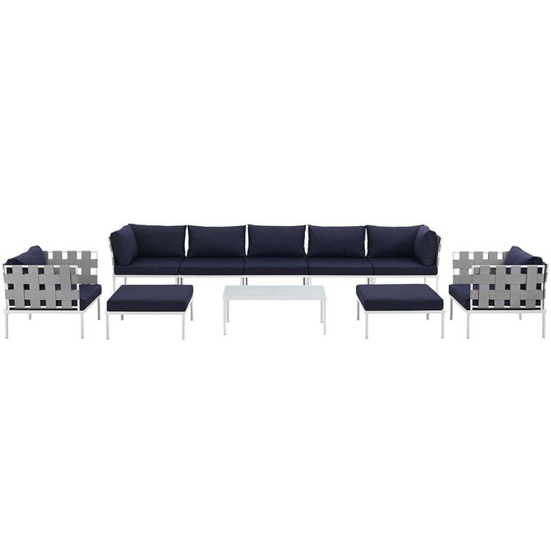 Modway Harmony 10-Piece Outdoor Patio Aluminum Sectional Sofa Set in White/Navy