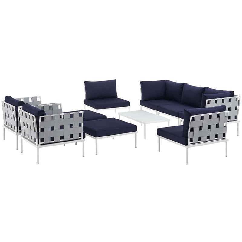 Modway Harmony 10-Piece Outdoor Patio Aluminum Sectional Sofa Set in White/Navy