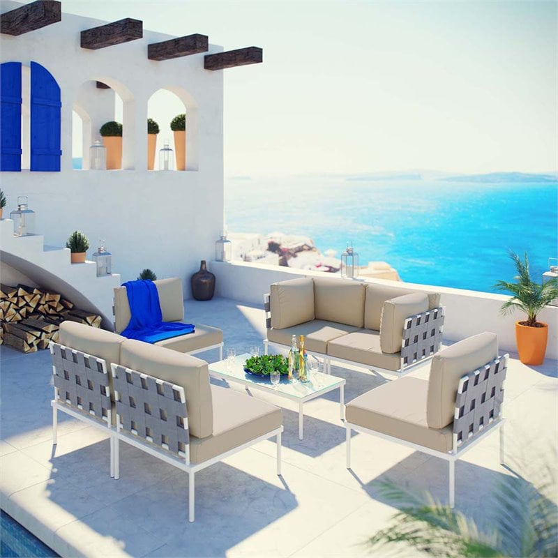 Modway Harmony 7-Piece Outdoor Patio Aluminum Sectional Sofa Set in White/Beige