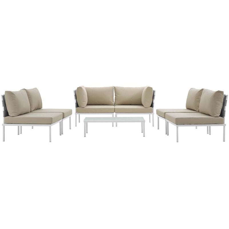Modway Harmony 7-Piece Outdoor Patio Aluminum Sectional Sofa Set in White/Beige