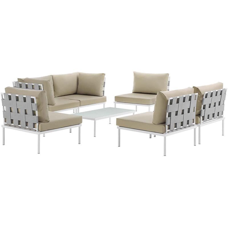Modway Harmony 7-Piece Outdoor Patio Aluminum Sectional Sofa Set in White/Beige