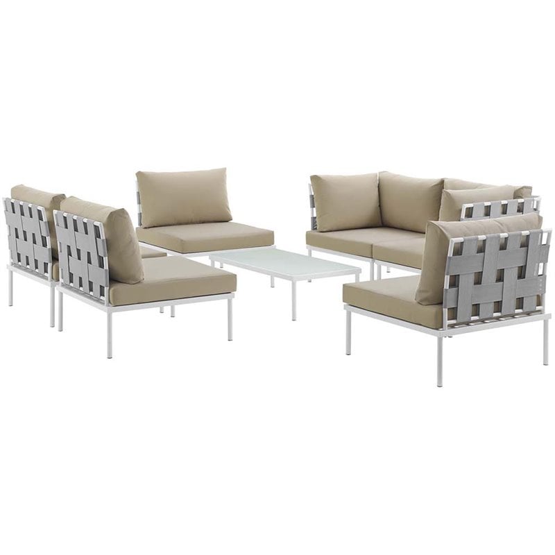 Modway Harmony 7-Piece Outdoor Patio Aluminum Sectional Sofa Set in White/Beige