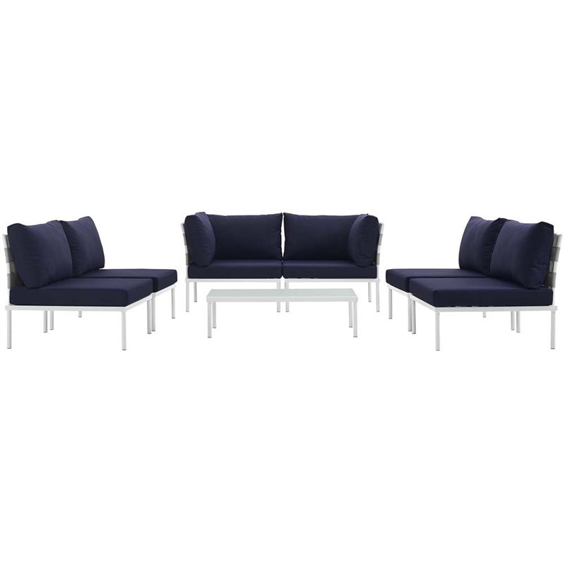 Modway Harmony 7-Piece Outdoor Patio Aluminum Sectional Sofa Set in White/Navy