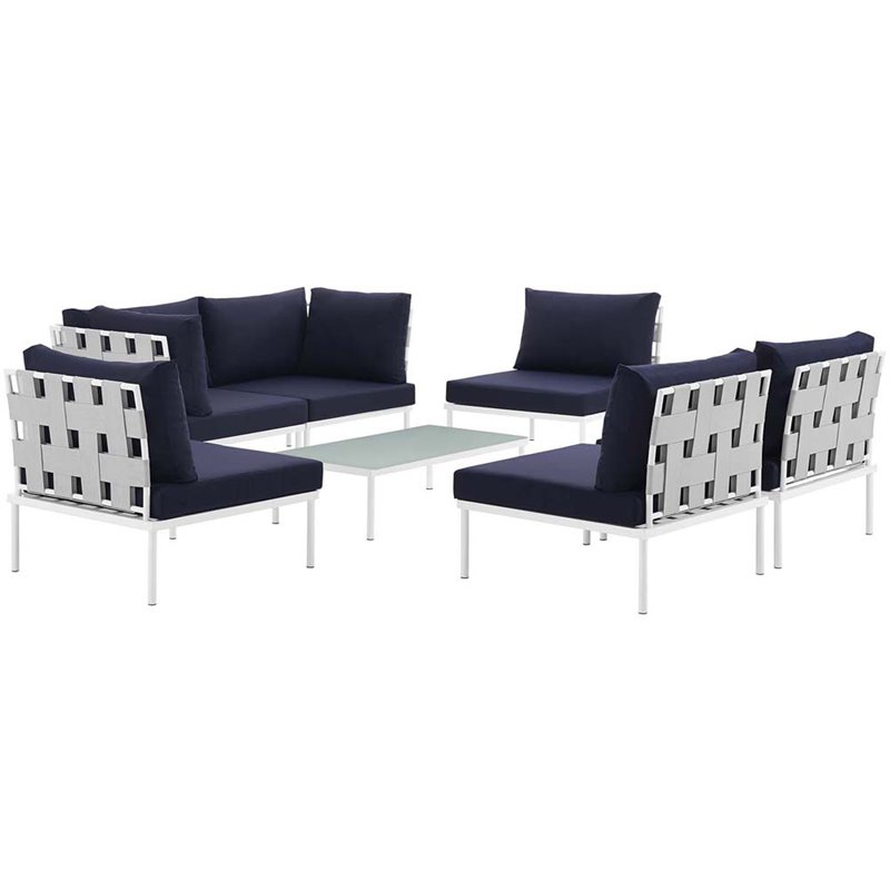 Modway Harmony 7-Piece Outdoor Patio Aluminum Sectional Sofa Set in White/Navy
