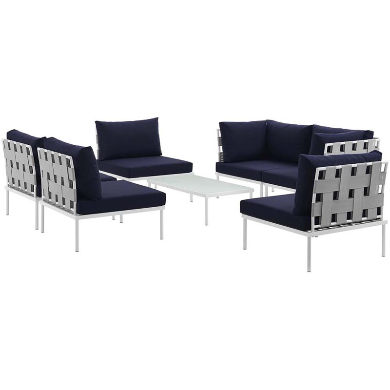 Modway Harmony 7-Piece Outdoor Patio Aluminum Sectional Sofa Set in White/Navy