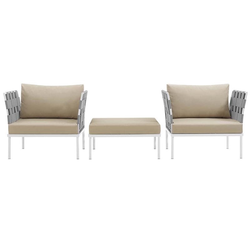 Modway Harmony 3-Piece Outdoor Patio Aluminum Sectional Sofa Set in White/Beige