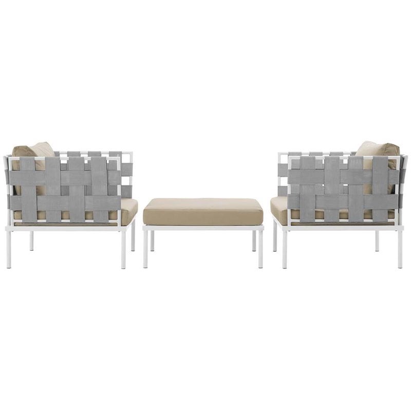 Modway Harmony 3-Piece Outdoor Patio Aluminum Sectional Sofa Set in White/Beige
