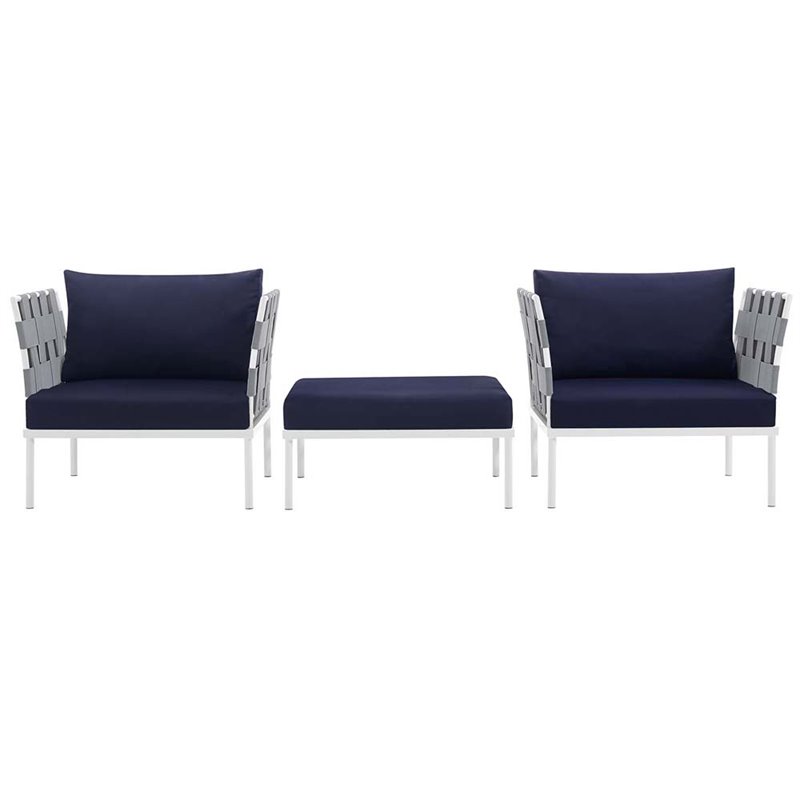 Modway Harmony 3-Piece Outdoor Patio Aluminum Sectional Sofa Set in White/Navy