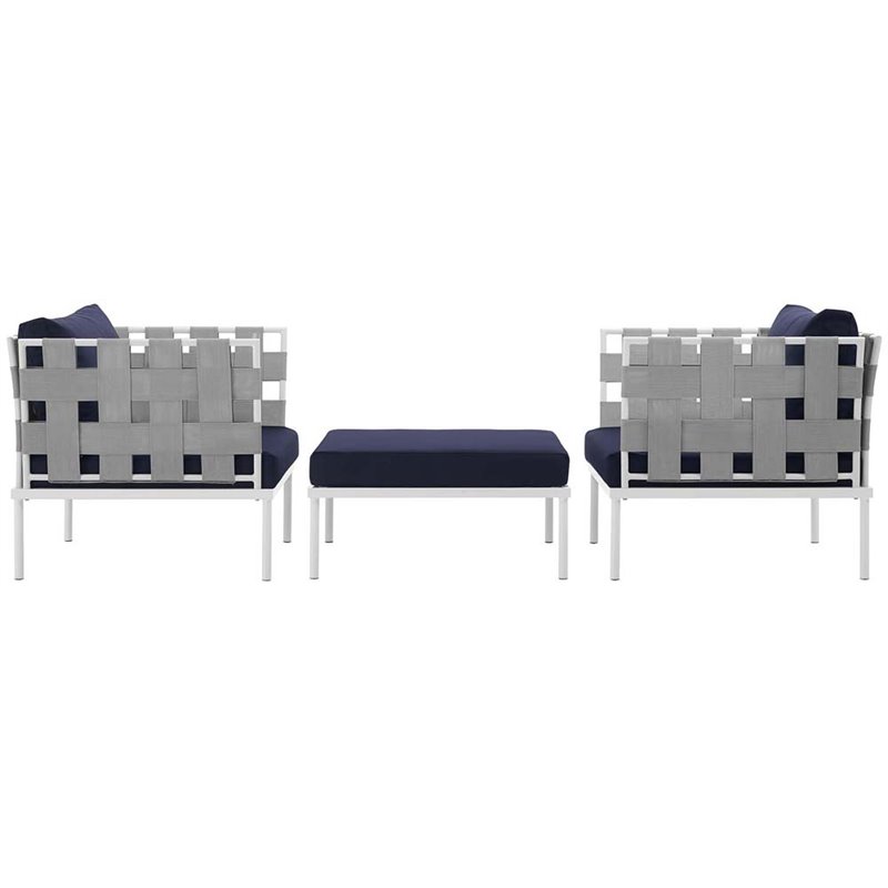 Modway Harmony 3-Piece Outdoor Patio Aluminum Sectional Sofa Set in White/Navy