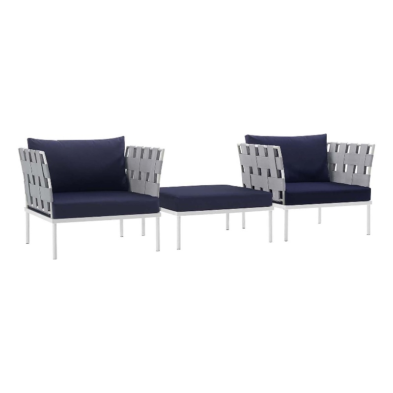 Modway Harmony 3-Piece Outdoor Patio Aluminum Sectional Sofa Set in White/Navy