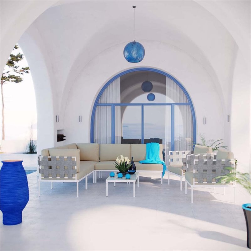 Modway Harmony 8-Piece Outdoor Patio Aluminum Sectional Sofa Set in White/Beige