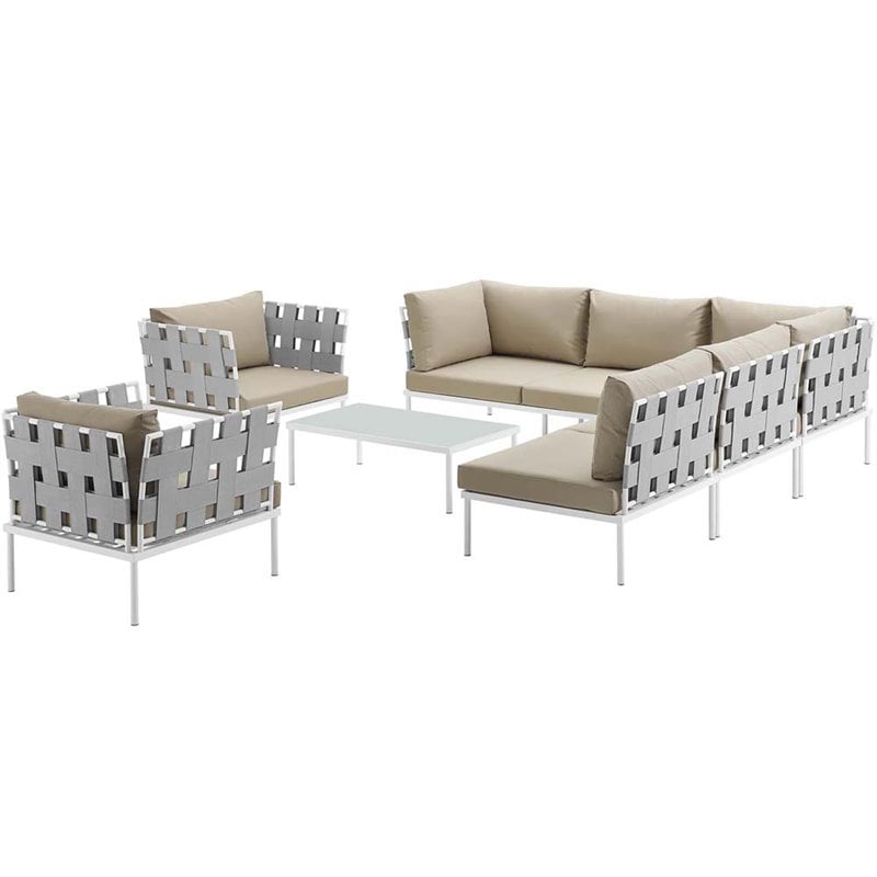 Modway Harmony 8-Piece Outdoor Patio Aluminum Sectional Sofa Set in White/Beige