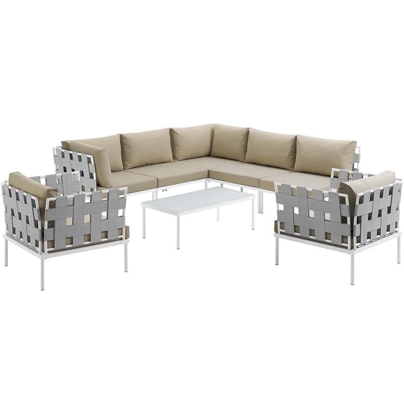 Modway Harmony 8-Piece Outdoor Patio Aluminum Sectional Sofa Set in White/Beige