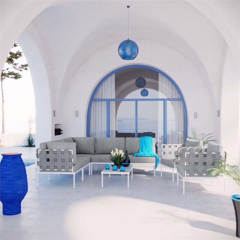 Modway Harmony 8-Piece Outdoor Patio Aluminum Sectional Sofa Set in White/Gray