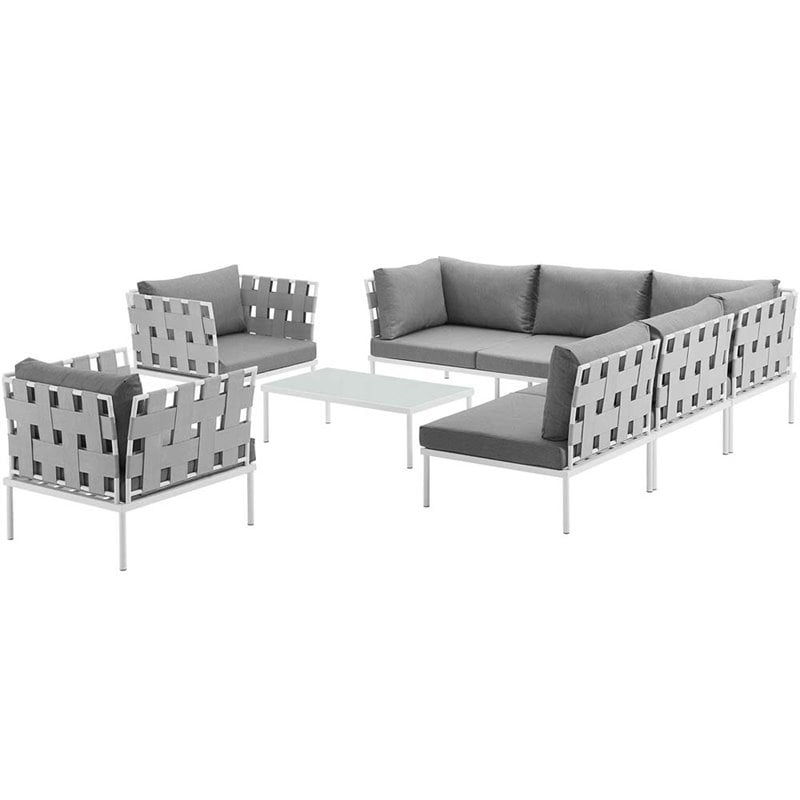Modway Harmony 8-Piece Outdoor Patio Aluminum Sectional Sofa Set in White/Gray