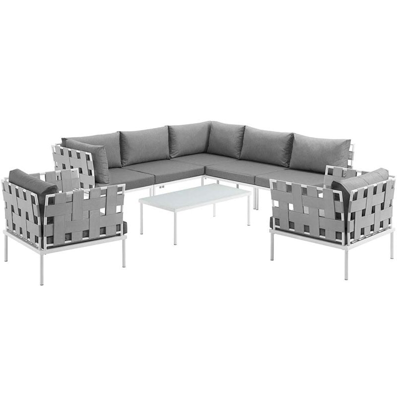 Modway Harmony 8-Piece Outdoor Patio Aluminum Sectional Sofa Set in White/Gray
