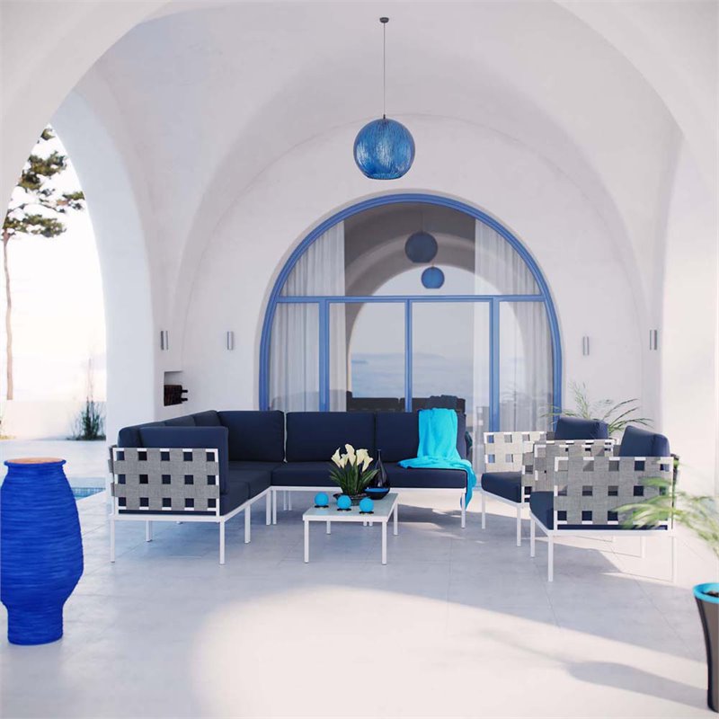 Modway Harmony 8-Piece Outdoor Patio Aluminum Sectional Sofa Set in White/Navy