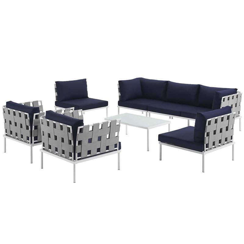 Modway Harmony 8-Piece Outdoor Patio Aluminum Sectional Sofa Set in White/Navy