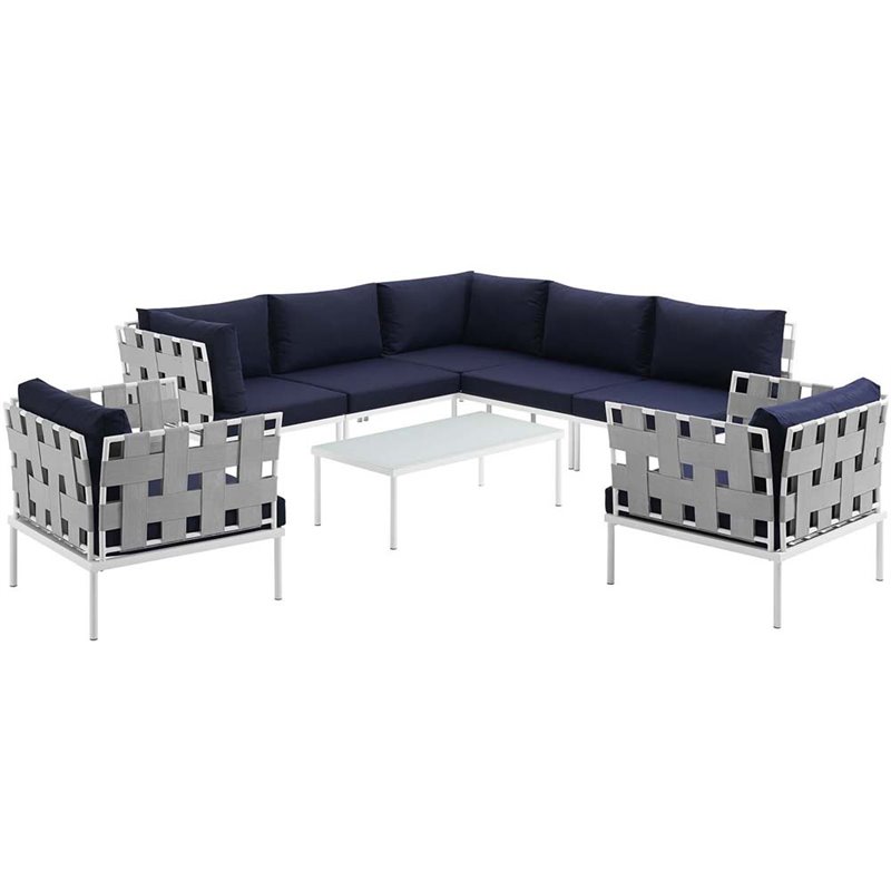 Modway Harmony 8-Piece Outdoor Patio Aluminum Sectional Sofa Set in White/Navy