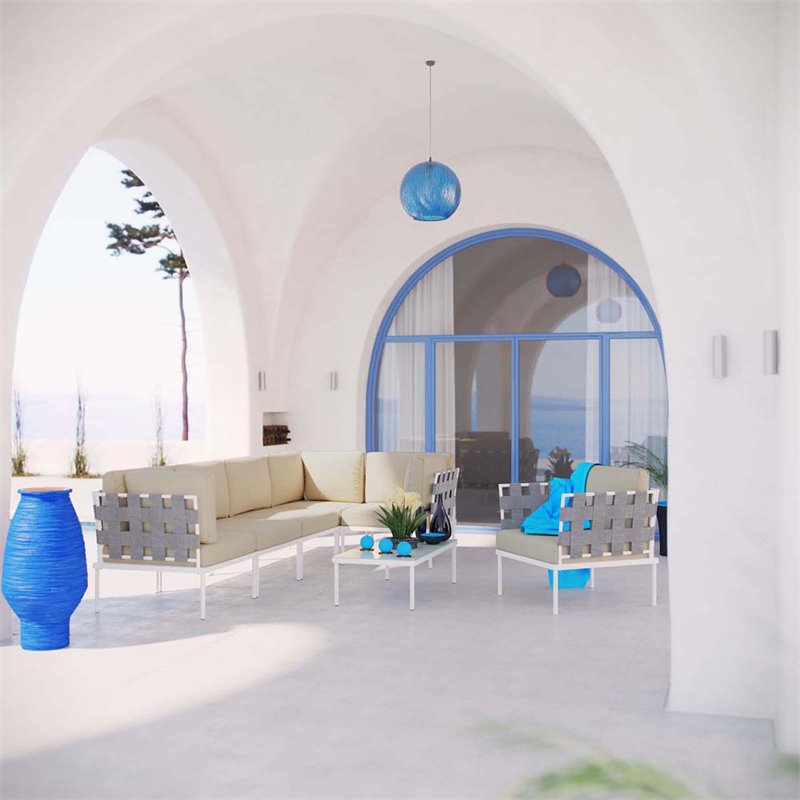 Modway Harmony 7-Piece Outdoor Patio Aluminum Sectional Sofa Set in White/Beige