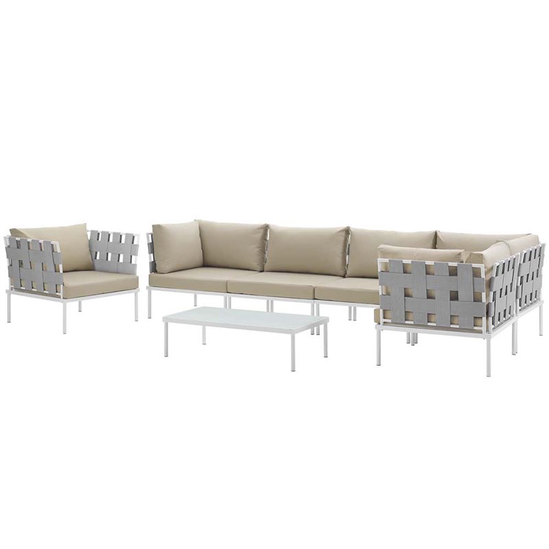 Modway Harmony 7-Piece Outdoor Patio Aluminum Sectional Sofa Set in White/Beige