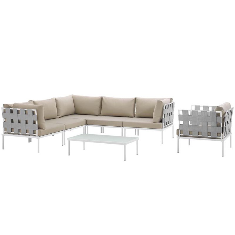 Modway Harmony 7-Piece Outdoor Patio Aluminum Sectional Sofa Set in White/Beige