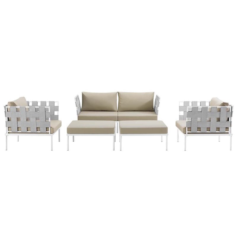 Modway Harmony 5-Piece Outdoor Patio Aluminum Sectional Sofa Set in White/Beige