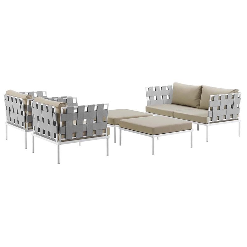 Modway Harmony 5-Piece Outdoor Patio Aluminum Sectional Sofa Set in White/Beige