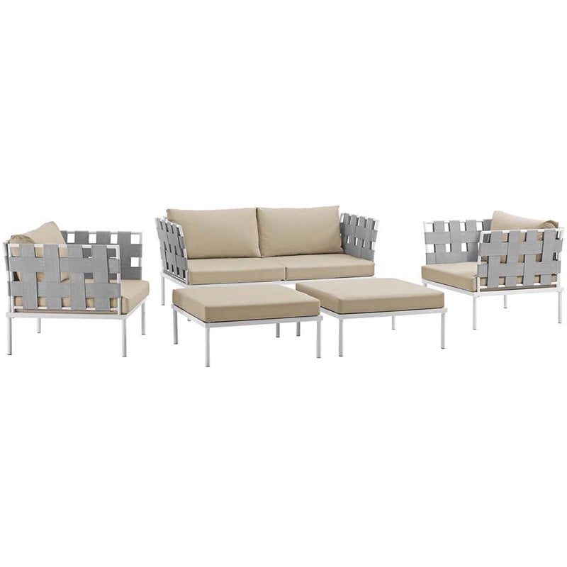 Modway Harmony 5-Piece Outdoor Patio Aluminum Sectional Sofa Set in White/Beige