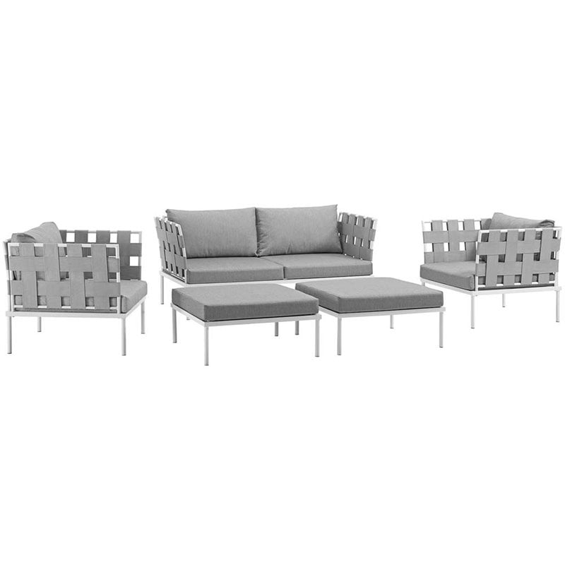Modway Harmony 5-Piece Outdoor Patio Aluminum Sectional Sofa Set in White/Gray