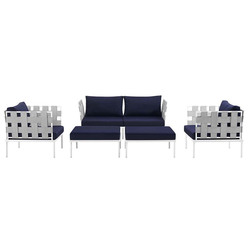 Modway Harmony 5-Piece Outdoor Patio Aluminum Sectional Sofa Set in White/Navy